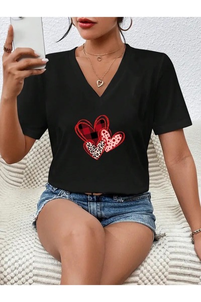 WOODROFFE Ženska V-izrez Štampano crna Oversize kroj T-shirt ležerna devojka