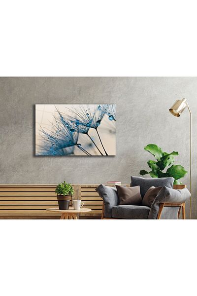 Rosyvien Pictură din sticlă cu picătură de apă de păpădie albastră, decor de perete modern și elegant pentru birou, cadou, sticlă călită