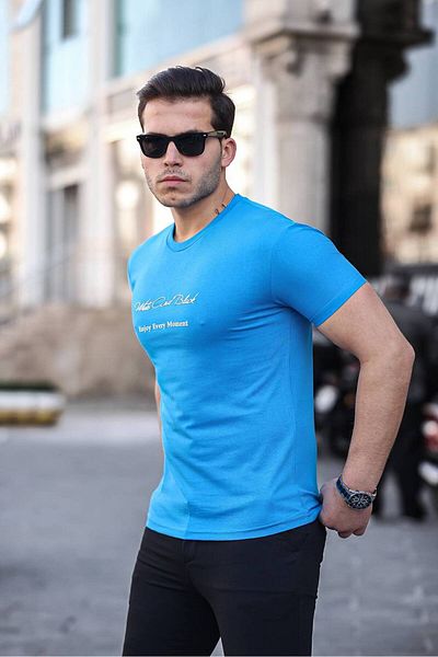 Tex Republic Tricou albastru pentru bărbați, slim fit, cu gât crew