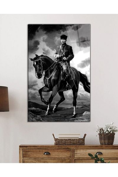 Rosyvien Mustafa Kemal Atatürk Portrait Glass Painting, Black and White on Horse, Home Office School Wall Decor