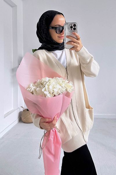 Ka Hijab Beige Color Zippered Knitwear Hijab Cardigan with Pockets