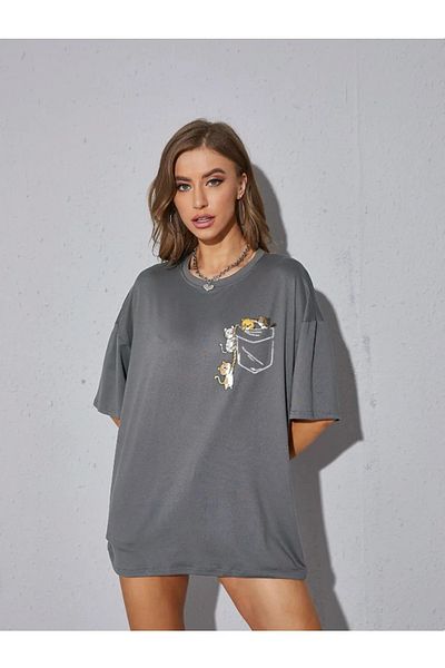 Revasser Dámská velká velikost CAT Barevné zakázkové oversize oversize bavlněné tričko s výstřihem česané bavlněné tričko