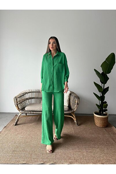 SEDA FİDAN Set cămașă și pantaloni înfășurați verzi