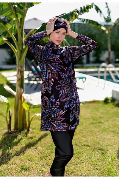 Mayom Colorful Floral Patterned Full Size Lycra Digital Hijab Swimsuit-2415