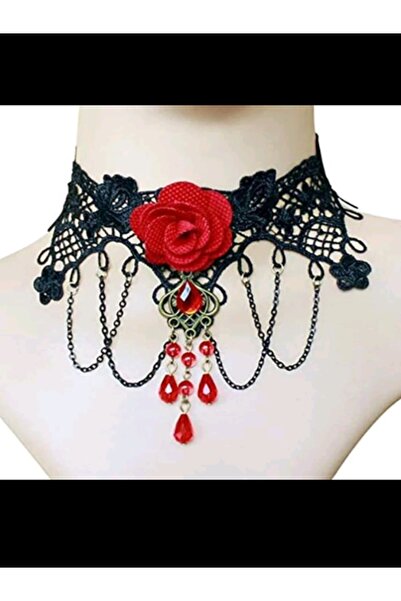 Shisa Jewel Kırmızı dantel zincir, gotik gerdanlık kolye ucu gerdanlık, , Ala...