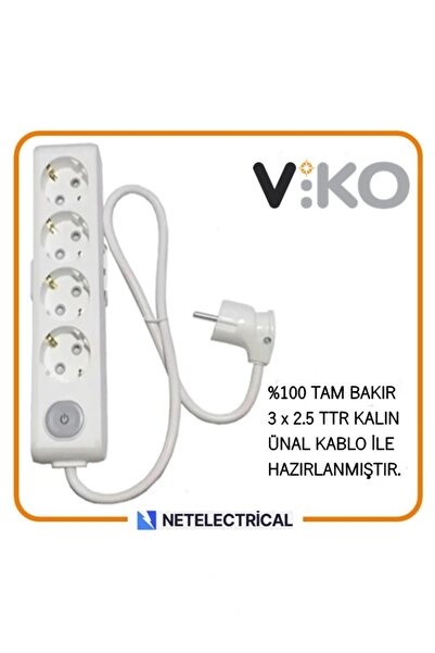 VİKO Multi-let 4'lü 2 Metre Anahtarlı Topraklı Çocuk K. Grup Priz (3x2.5 TTR ...