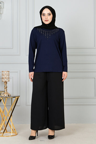 FATELLA Women's Mother Navy Blue Long Sleeve Lycra Front Patterned Combed Blouse