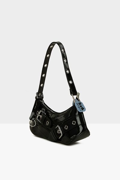 Bagmori Black Women's Belt Accessory Strap Detailed Patent Leather Baguette Bag M000008443