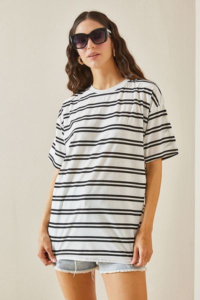 XHAN White Striped Oversize T-Shirt 5YXK1-48508-01