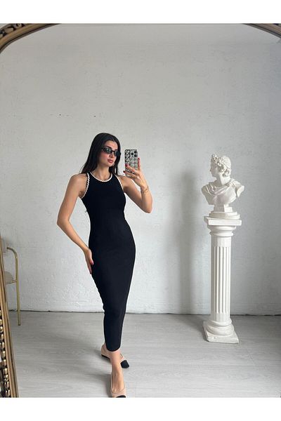 HARMONY GLOBAL Rochie de bază neagră, fără mâneci, lungime midi, cu textura moale, patru sezoane 4242