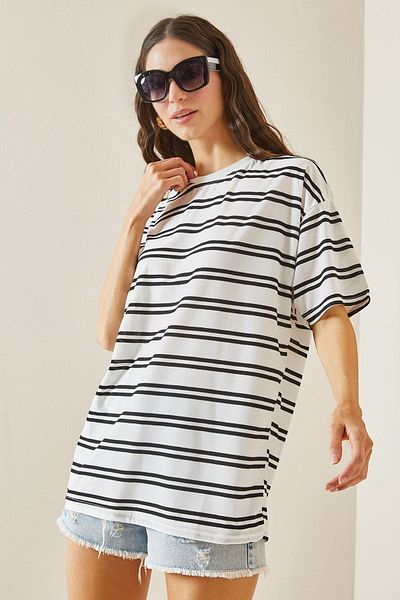 XHAN White Striped Oversize T-Shirt 5YXK1-48508-01