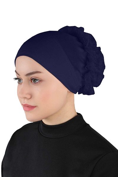 Ecardin Navy Blue Knobed Bandana Bonnet - Laced, St 610