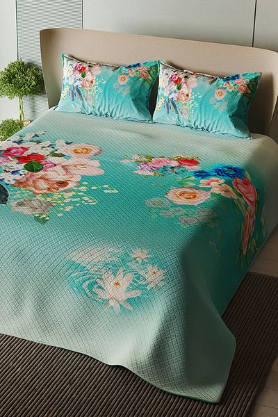 MonoHome Pike Set Cotton Double Jacquard Woven Bedspread Floral Turquoise