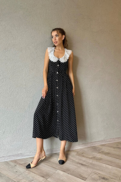 Seda Yalçın Atelier Black Lace Collar Polka Dot Design Dress