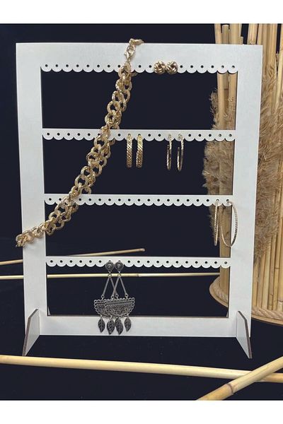 şamaksesuar White Single Face Rectangular Earring Stand - 3 mm Mdf, Laser Cut (31X25Cm)