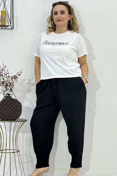 yagmurberen Plus Size Cotton Linen Trousers - Elastic Waist and Laced Pleated Leg