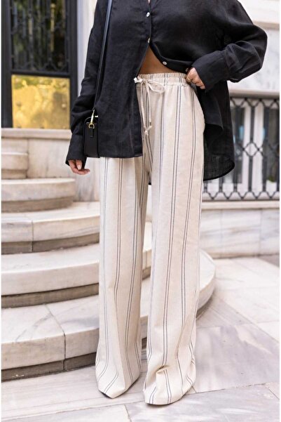 My Blog Béžové pruhované plátěné kalhoty