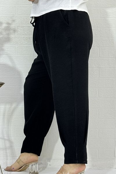 yagmurberen Plus Size Cotton Linen Trousers - Elastic Waist and Laced Pleated Leg