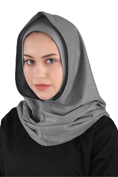 Ecardin Σκούρο Γκρι Glitter Βραδινό Φόρεμα Hijab Turban - St 300 Practical Design