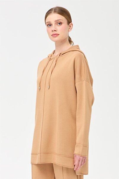 Esswaap Biye Detaylı Kapişonlu Pantolonlu Takım Vizon