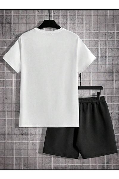 SELENA BUTİK Unisex L.A. Λευκό T-Shirt Μαύρο Σορτς Κάτω Κοστούμι