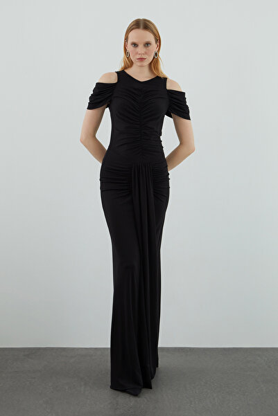 kı.we Büzgü Detaylı Siyah Uzun Jarse Elbise