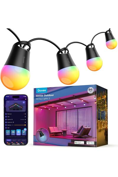 Govee Akıllı 30M RGBIC Dış Mekan Işıkları, Kısılabilir Sıcak Beyaz LED Ampull...