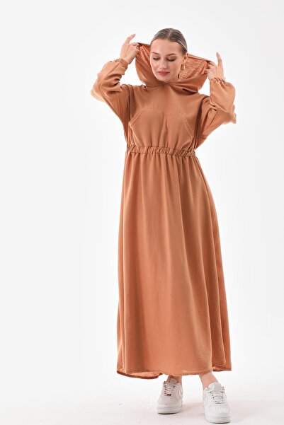 WestBound Kadın Yazlık Keten Tesettür Spor  Elbise Kapüşonlu Belden Büzgülü Cepli TABA