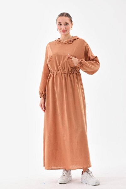 WestBound Kadın Yazlık Keten Tesettür Spor  Elbise Kapüşonlu Belden Büzgülü Cepli TABA