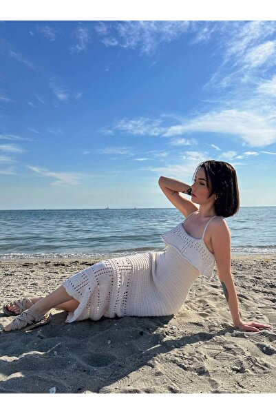 HARMONY GLOBAL Κρεμ λουράκι διάτρητο λουλούδι λεπτομερές πλεκτό καλοκαιρινό φόρεμα 4118