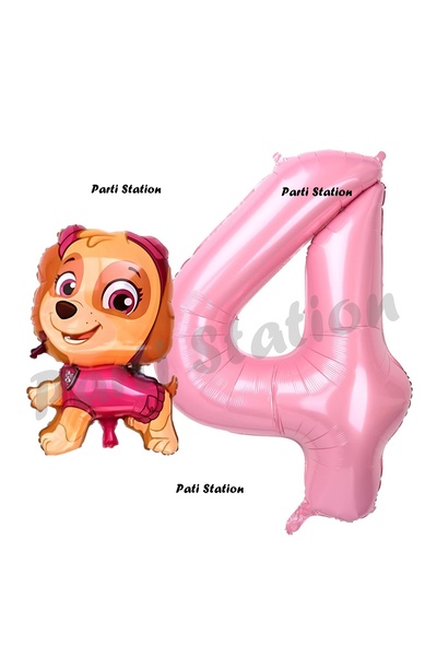 Parti Station Paw Patrol Skye 4 Yaş Balon ve Pembe Rakam Balon Doğum Günü Par...