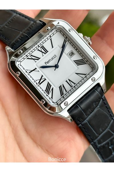 Ferrucci Navy Blue Leather Cord, Silver Square Case, with Calendar, Roman Numeral Dial Men's Wristwatch with Bracelet Gift