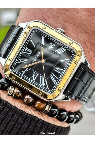 Ferrucci Black Leather Cord, yellow Square Case, with calendar, Roman Numeral Dial Men's Wrist Watch with Bracelet Gift