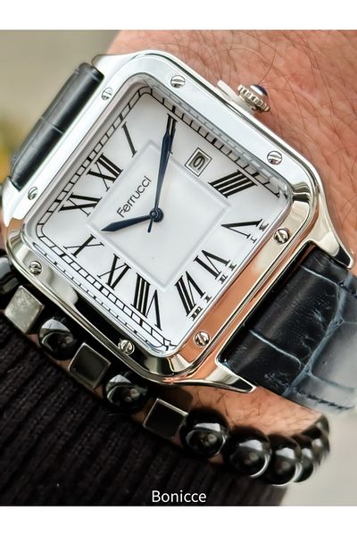 Ferrucci Navy Blue Leather Cord, Silver Square Case, with Calendar, Roman Numeral Dial Men's Wristwatch with Bracelet Gift