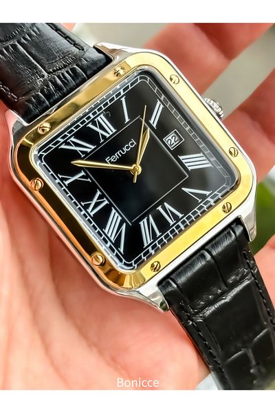 Ferrucci Black Leather Cord, yellow Square Case, with calendar, Roman Numeral Dial Men's Wrist Watch with Bracelet Gift