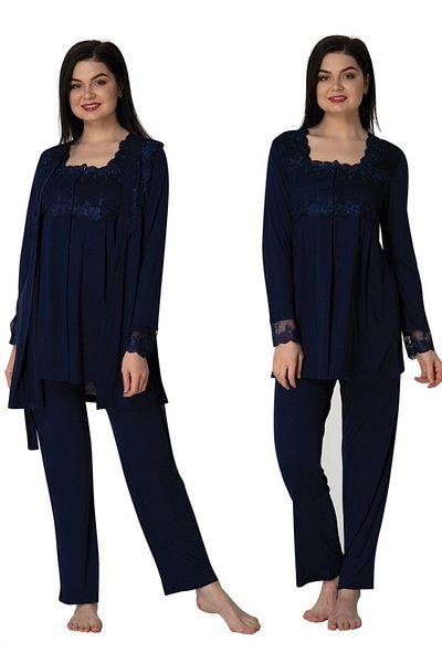 LOHOUSE Navy Blue Lace Detailed Maternity and Maternity Pajamas and Dressing Gown Set - Set of 3