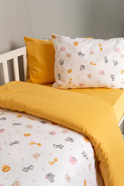 BABYNENA طقم غطاء لحاف أطفال بنقشة حيوانات صفراء - 100x150 سم