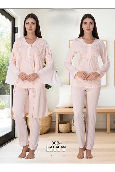 LOHOUSE Powder Design Lace Cotton Women's Pajamas and Dressing Gown Set - 3 Pieces
