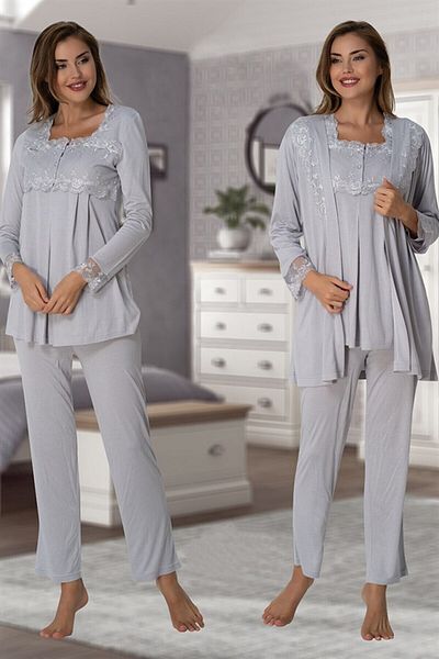 LOHOUSE Gray Lace Detailed Maternity and Maternity Dressing Gown and Pajama Set - Set of 3