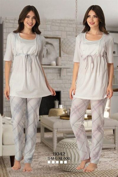 LOHOUSE Set de pijamale de maternitate și de maternitate albastru cu model în carouri