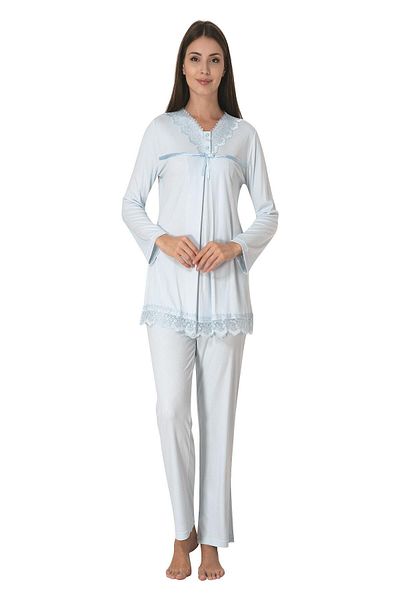 LOHOUSE Set pijamale de maternitate și rochii de toaletă din bumbac cu volan albastru - Set de 3