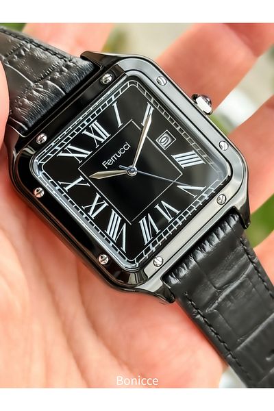 Ferrucci Men's Wristwatch - Black Leather Cord, Square Case, Calendar and Roman Numeral Dial, Bracelet Gift