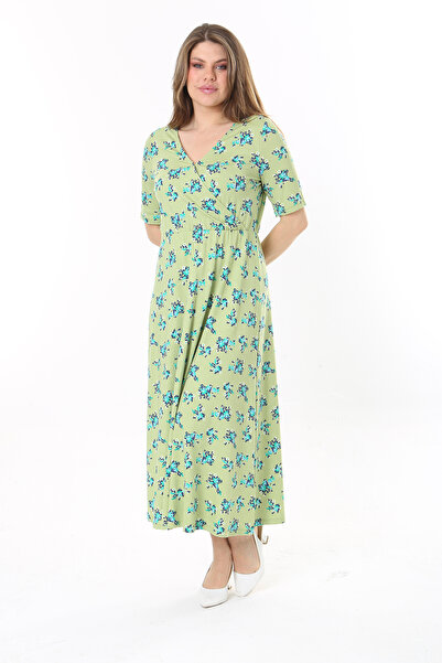 Şans Γυναικείο μακρυμάνικο κοντομάνικο φόρεμα με πράσινο τυλιγμένο γιακά 65N37765