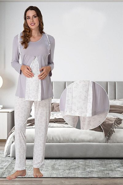 LOHOUSE Women's Butterfly Patterned Long Sleeve Cotton Maternity Pajama Set