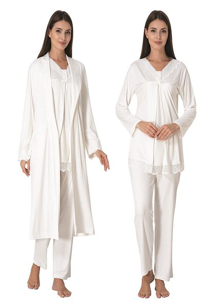 LOHOUSE Ecru Cotton Lace Women's Pajamas and Dressing Gown Set - 3-Piece Maternity Set