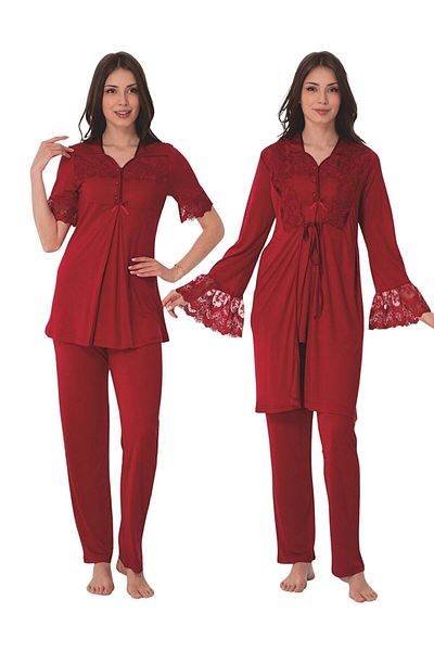 LOHOUSE Fuchsia Lace Cotton Maternity and Maternity Dressing Pajama Set - Short Sleeve