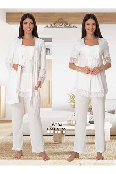 LOHOUSE Set pijama din 3 piese cu maneci din dantela alba - halat de maternitate de maternitate