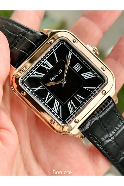 Ferrucci Black Leather Cord, Rose Square Case, with Calendar, Roman Numeral Dial Men's Wristwatch with Bracelet Gift