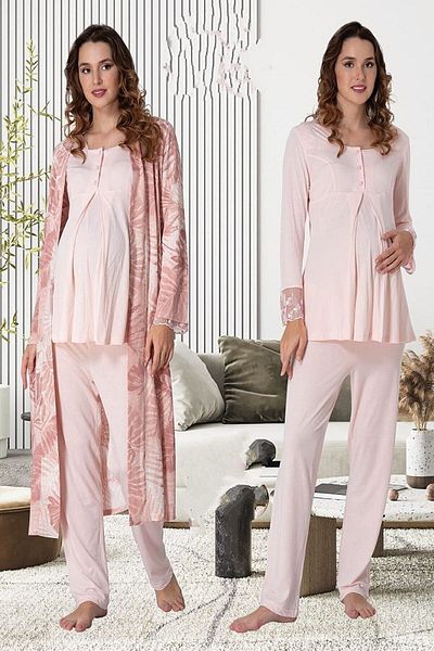 LOHOUSE Salmon Patterned Lace Maternity and Maternity Dressing Pajamas Set - Long Sleeve, Cotton