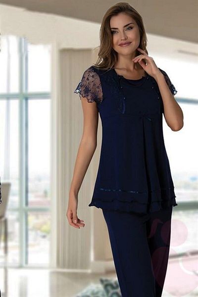 LOHOUSE Comfortable Cut Navy Blue Maternity and Maternity Pajamas Set